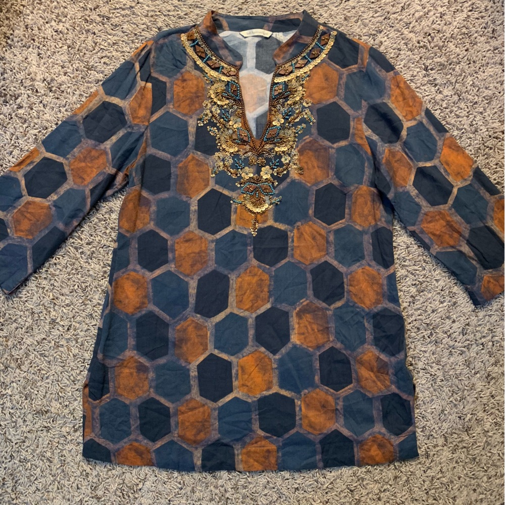 Soft Surroundings Tunic Top Beaded 3/4 Sleeve VNeck Orange Teal Sz M